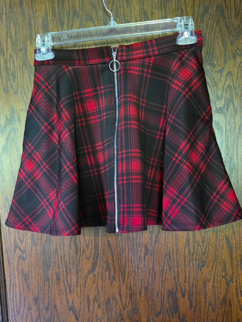 Hot Topic Red and Black Plaid Zip-Front Skater Skirt
